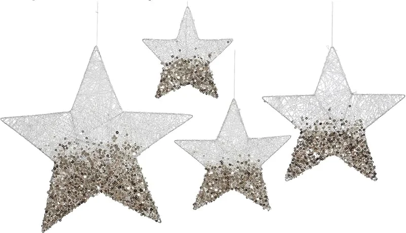 Marke: ETC ETC dekorative weihnachtliche Stern-Anhänger weiß-Gold im 4-er Set ca. 40, 30, 25, 20 cm in 2 möglichen Ausführungen (weiß Gold innen geschlossen) — Weihnachtsdeko