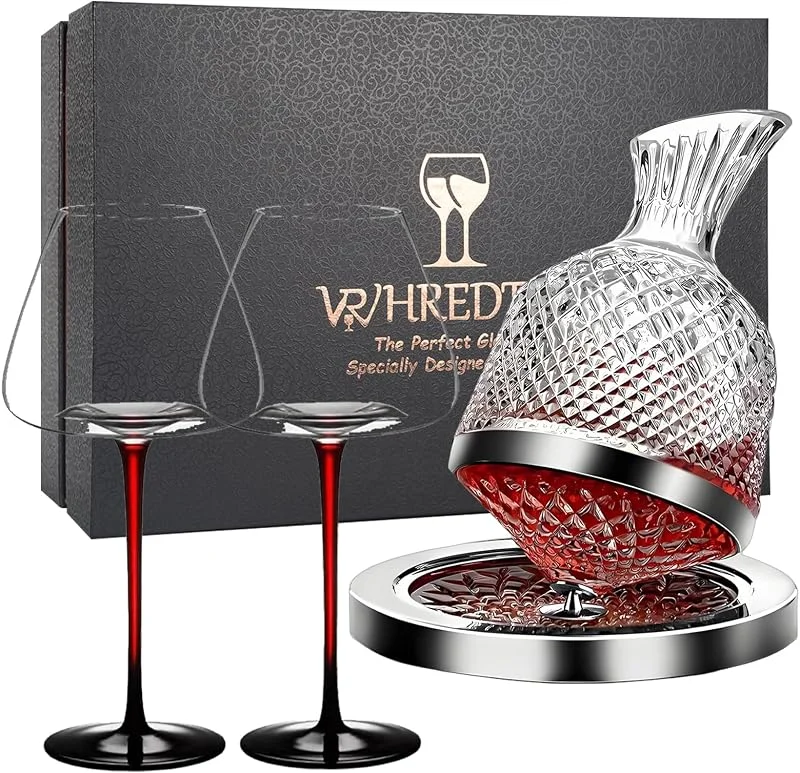 Marke: Whredtaw Weingläser-Set, klares Weinglas, langer Stiel, Weinglas für Rot- und Weißwein mit 360° drehbarem Dekanter, 1000 ml Rotwein-Dekanter-Set, Weingeschenke, Weinzubehör — Wein und Festtafel