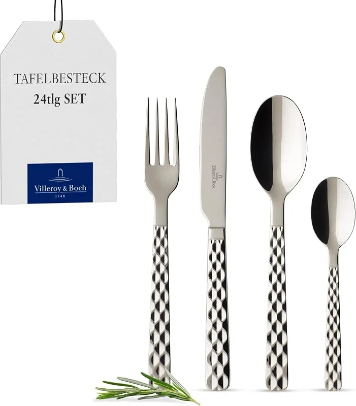 Villeroy & Boch Boston Tafelbesteck-Set 24-teilig für 6 Personen, Rostfreier Edelstahl, Spülmaschinenfest, Alleskönner für Alltag und Festtag, Haptisches Rauten-Relief, Polierter Edelstahl — Advent und Tisch