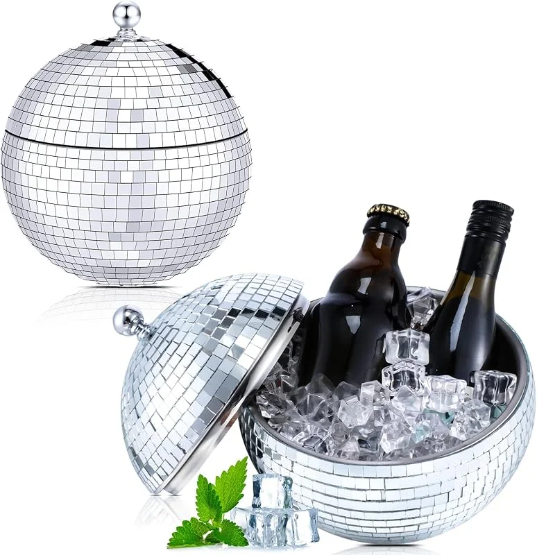 Marke: Hoolerry Hoolerry Discokugel-Eiskübel für Silvester, Weihnachten, Retro, 70er-Jahre, Cocktail-Barzubehör, Spiegel, silberfarben, Discovase, Schüssel, Getränkefass aus Edelstahl, Junggesellinnenabschied — Wein und Festtafel