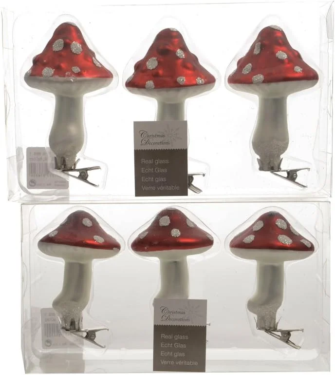 Marke: Decoris Decoris Christbaumschmuck Glas Fliegenpilz auf Clip 9cm x 3er Set Sortiert Anhänger mundgeblasen rot weiß — Weihnachtsdeko