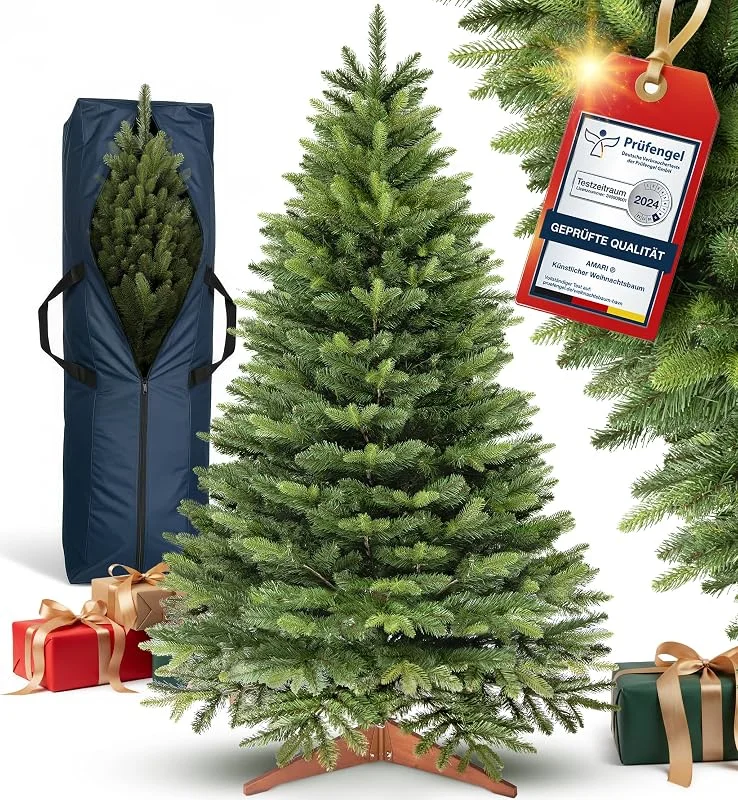 Besuche den Amari-Store Amari ® Künstlicher Weihnachtsbaum 220 cm – Nordmanntanne naturgetreu mit Spritzguss-Spitzen, faltbar, inkl. Holzständer & Aufbewahrungstasche – Tannenbaum künstlich, Christbaum — Weihnachtsbeleuchtung